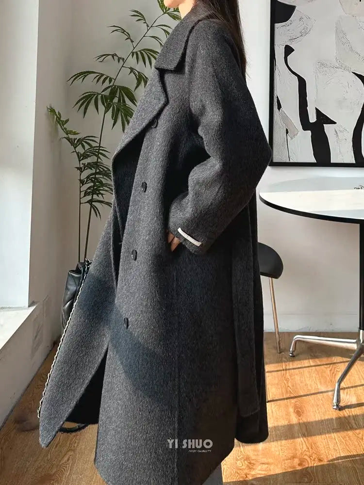 Korean Fashion Dark Gray Stand Collar 100%Wool Coat Women Long Winter Jacket