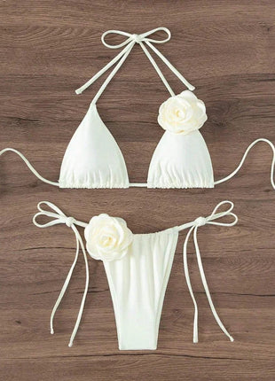 Bikini Sexy con Fiori 3D e Lacci Sulla Schiena, Costume da Bagno Femminile Due Pezzi, Set Bikini, Abbigliamento da Spiaggia, Taglie S-L PlatiNum