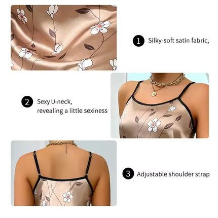 Women's Nightwear Summer Floral Print Satin Nightgown Casual Sleeveless Backless Nightdress Sexy Nightwear Home Clothes
