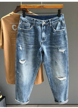Ripped Jeans Men New Personality Fashion Vintage Blue Streetwear Baggy Denim Pants Casual Tapered Hole Frayed Trousers Male PlatiNum