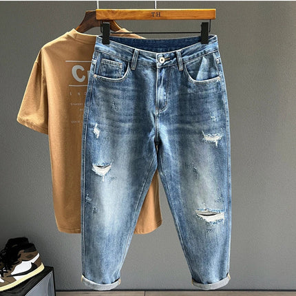 Ripped Jeans Men New Personality Fashion Vintage Blue Streetwear Baggy Denim Pants Casual Tapered Hole Frayed Trousers Male PlatiNum