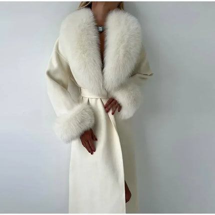 Retro Black Fur Patchwork Woolen Coat Women Chic Full Sleeve V-neck Lace Up Loose Long Overcoat 2025 Lady Winter Commute Outwear