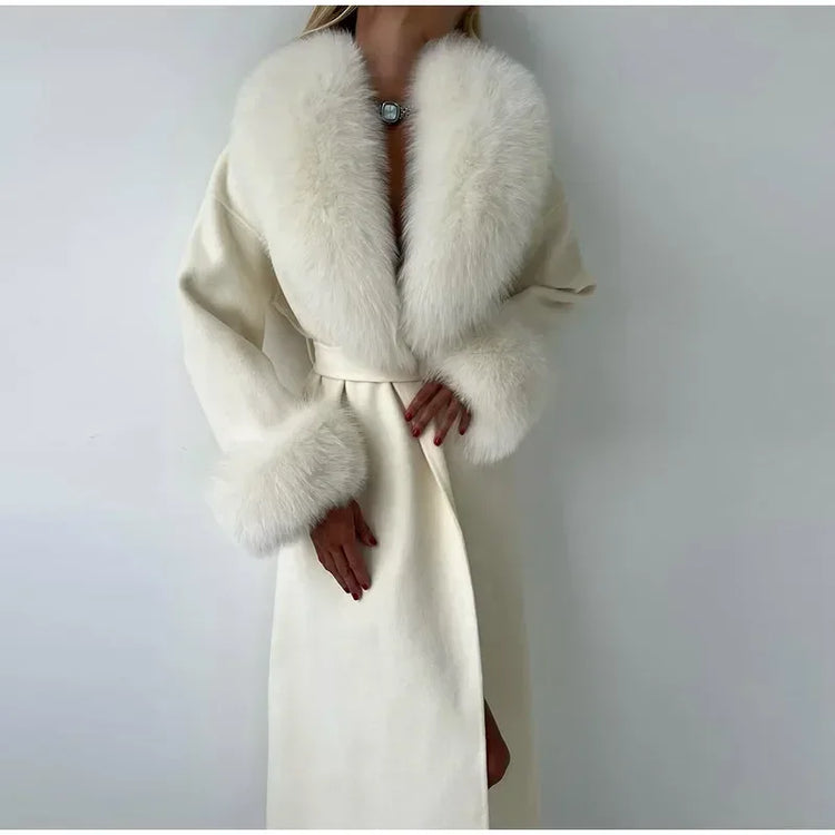 Retro Black Fur Patchwork Woolen Coat Women Chic Full Sleeve V-neck Lace Up Loose Long Overcoat 2025 Lady Winter Commute Outwear