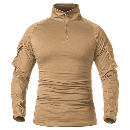 Men's Long Sleeve Combat Shirt 1/4 Zipper Ripstop Cotton Tactical Shirts Navy Blue Camoufalge Airsoft T Shirts PlatiNum