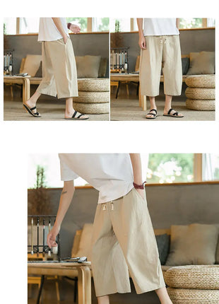Pantaloni di lino da uomo in stile cinese Pantaloni a gamba larga da uomo con cavallo basso Pantaloni da uomo HipHop Pantaloni al polpaccio Pantaloni da pista Streetwear