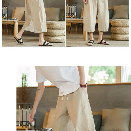 Pantaloni di lino da uomo in stile cinese Pantaloni a gamba larga da uomo con cavallo basso Pantaloni da uomo HipHop Pantaloni al polpaccio Pantaloni da pista Streetwear