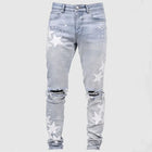 Vintage Star Print Stretch Punk Style Ripped Jeans Men's Streetwear Fashion Pocket Male Youth Daily Casual Denim Pencil Pants PlatiNum