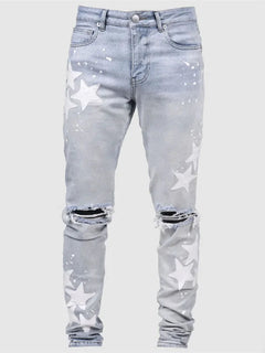Vintage Star Print Stretch Punk Style Ripped Jeans Men's Streetwear Fashion Pocket Male Youth Daily Casual Denim Pencil Pants
