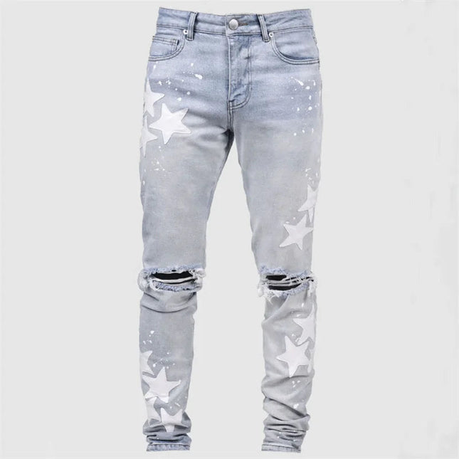 Vintage Star Print Stretch Punk Style Ripped Jeans Men's Streetwear Fashion Pocket Male Youth Daily Casual Denim Pencil Pants PlatiNum