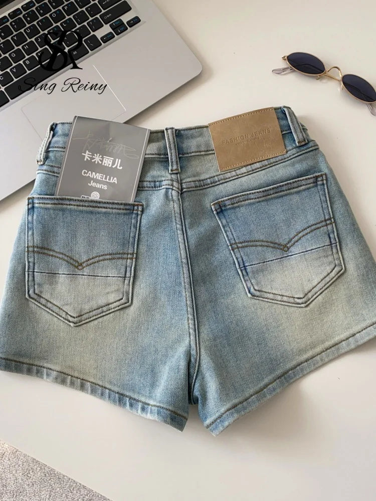 SINGREINY Pantaloncini in denim sfumato da donna, di alta qualità, estetici, casual, comodi, stile americano retrò, basici, da spiaggia