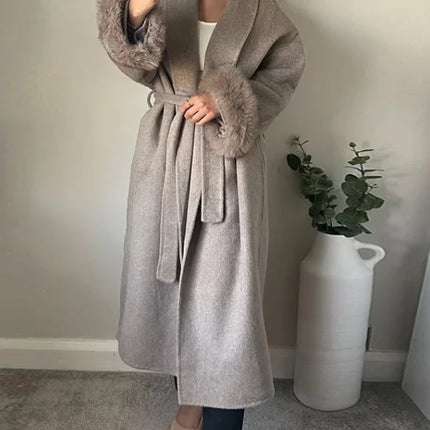 Elegant Lace Up Woolen Short Coat Solid Loose Lapel Furry Long Sleeve Belt Waist Jacket 2026 Spring Autumn Lady Chic Cardigan