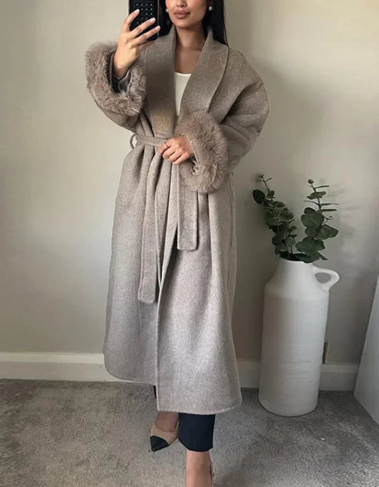 Elegant Lace Up Woolen Short Coat Solid Loose Lapel Furry Long Sleeve Belt Waist Jacket 2026 Spring Autumn Lady Chic Cardigan