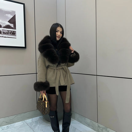Solid Color Faux Fur Collar Cuff Wool Coat Women Belted Waist Short Jacket 2026 Winter Lady Street Daily Party Casual Outwear
