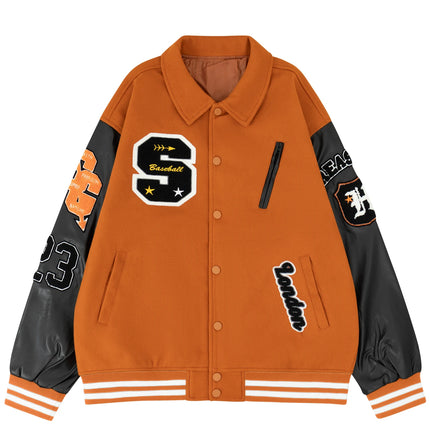 Men's Letterman Jacket Vintage Varsity Coat Patchwork Baseball Streetwear Outerwear with Faux Leather Sleeves & Fine Embroidery
