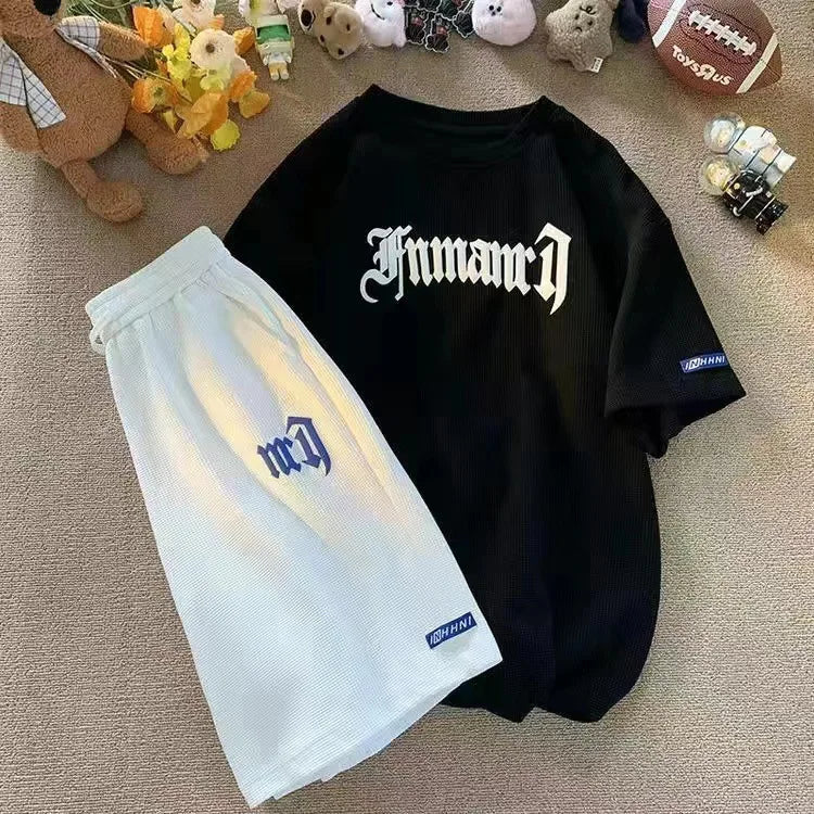 Set di abbigliamento sportivo a maniche corte in seta di ghiaccio estiva casual con waffle transfrontaliero T-shirt da uomo Set di abbigliamento da uomo abbinato platinumshop