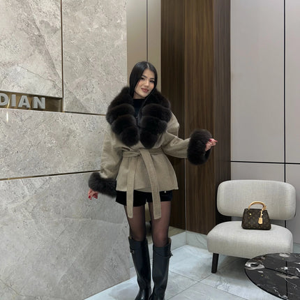 Lady Faux Fur Collar Cuffs Patchwork Short Overcoat  Belted Lace Up Loose Warm Jacket New Winter Daily Street Women's Outerwear