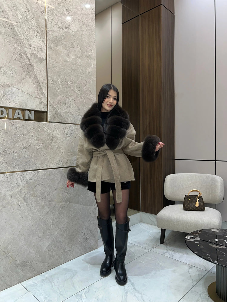 Lady Faux Fur Collar Cuffs Patchwork Short Overcoat  Belted Lace Up Loose Warm Jacket New Winter Daily Street Women's Outerwear