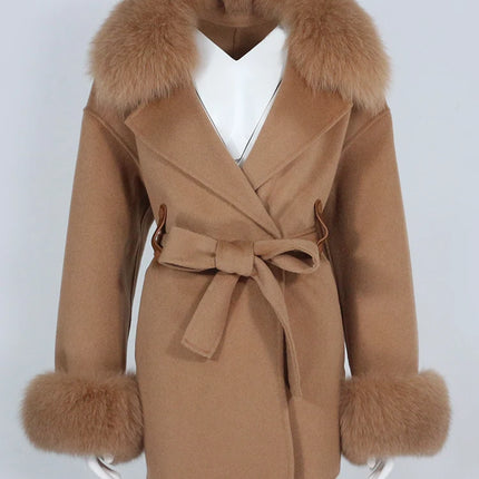 OFTBUY Real Fur Coat Winter Jacket Women Natural Fox Fur Collar Cuffs Belt Cashmere Wool Woolen Ladies Outerwear Streetwear