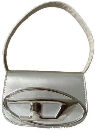 Borsa a Tracolla in Pelle PU Effetto Specchio Argento Lucido con Decorazione Ovale in Rilievo, Tracolla Staccabile, Mini Borsetta Futuristica da Donna