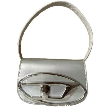 Borsa a Tracolla in Pelle PU Effetto Specchio Argento Lucido con Decorazione Ovale in Rilievo, Tracolla Staccabile, Mini Borsetta Futuristica da Donna