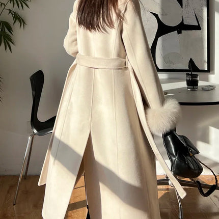 Autumn Winter Korean High-end Real Fox Fur Sleeves Women Black Slim Fit Waist Cinched Double-sided Wool Coat Long Woolen Coat