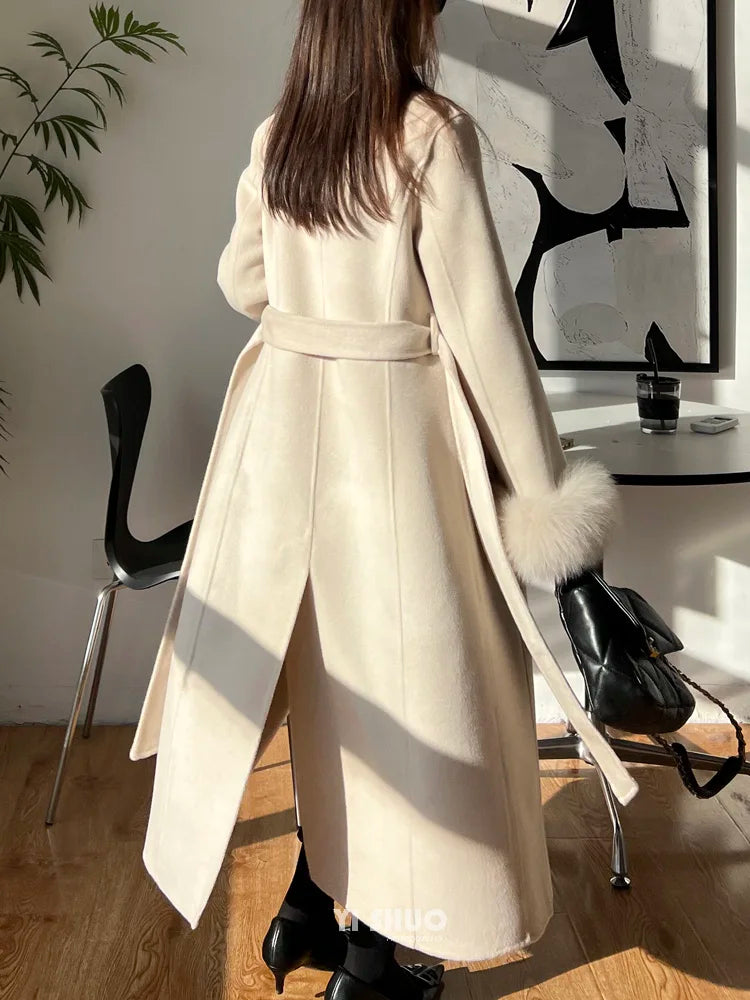 Autumn Winter Korean High-end Real Fox Fur Sleeves Women Black Slim Fit Waist Cinched Double-sided Wool Coat Long Woolen Coat