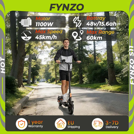 Monopattino Elettrico Fynzo S11, Motore Singolo da 1100W, Autonomia Massima 60 km, Carico Massimo 130 kg, IP54, Freni E-ABS + Freni a Disco Anteriori e Posteriori, Forcella Anteriore Ammortizzata, Forcellone Posteriore a Dopp