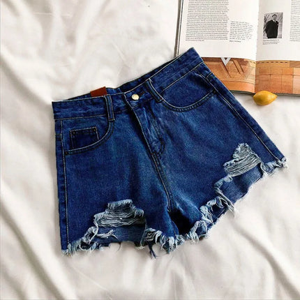 Pantaloncini di jeans coreani Donna Moda estiva Casual Jeans strappati a vita alta Tasca nappa Y2K Pantaloni caldi Streetwear Pantaloni blu