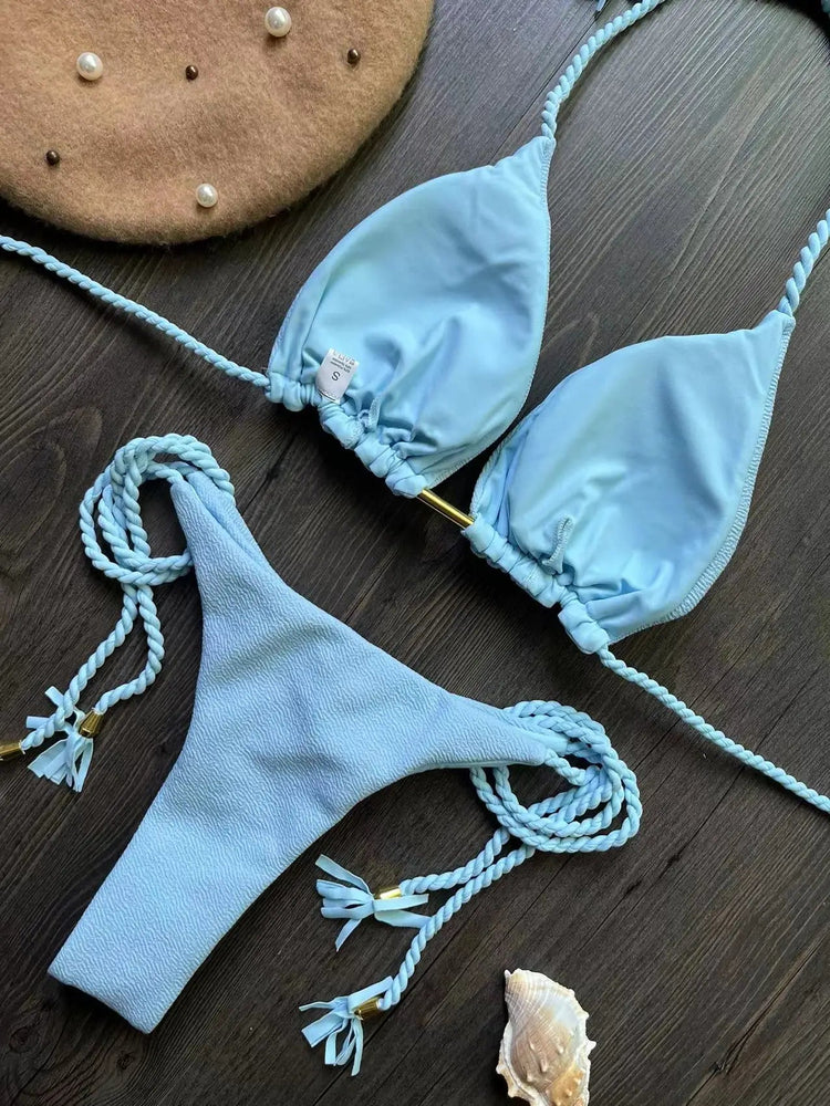 Costume da bagno bikini sexy con laccetti intrecciati, due pezzi, triangolare, stile brasiliano. platinumshop