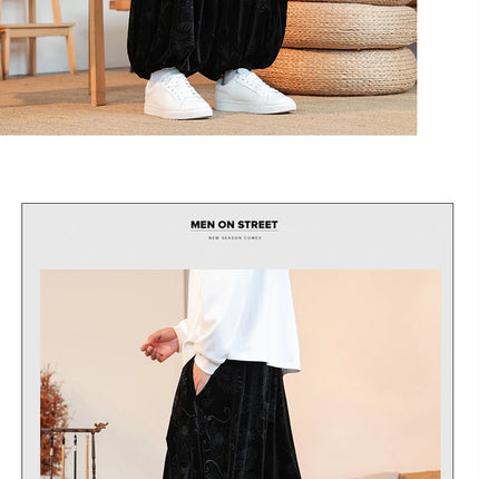 Pantaloni di velluto da uomo autunno inverno retrò drago stampa pantaloni larghi da uomo stile cinese pantaloni casual a gamba larga per uomo taglie forti 5XL