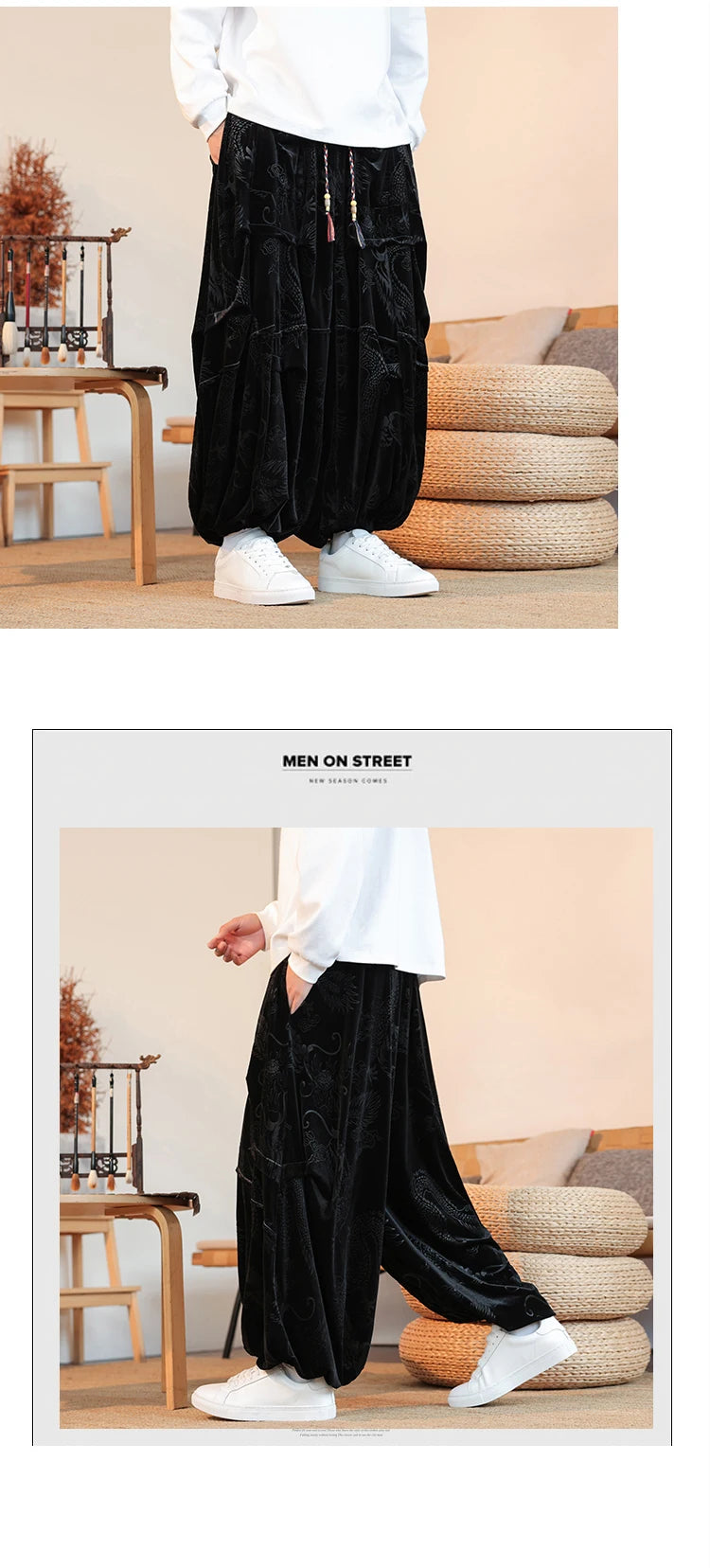 Pantaloni di velluto da uomo autunno inverno retrò drago stampa pantaloni larghi da uomo stile cinese pantaloni casual a gamba larga per uomo taglie forti 5XL