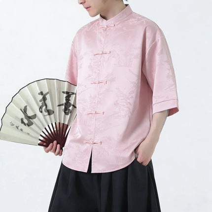 Camicie Estive da Uomo di Lusso in Jacquard Traspirante a Maniche Corte, Stile Cinese Tradizionale Kung Fu Tai Chi, Camicia Casual da Uomo