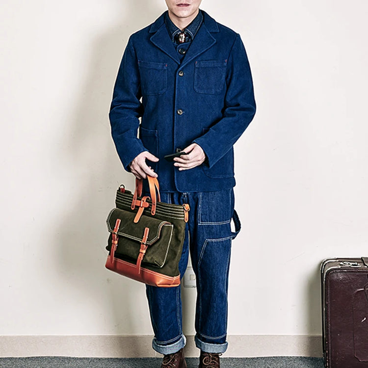 Men's Indigo Cargo Jacket Height Weight Cotton Lapel Multi-pocket Jacket Male French Vintage Thick Workwear Tooling Jacket Coat