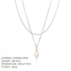 eManco Minimalist Freshwater Pearl Necklace Women Girls 14K Gold Plated Stainless Steel Double Layer Necklace Wedding Jewelry PlatiNum