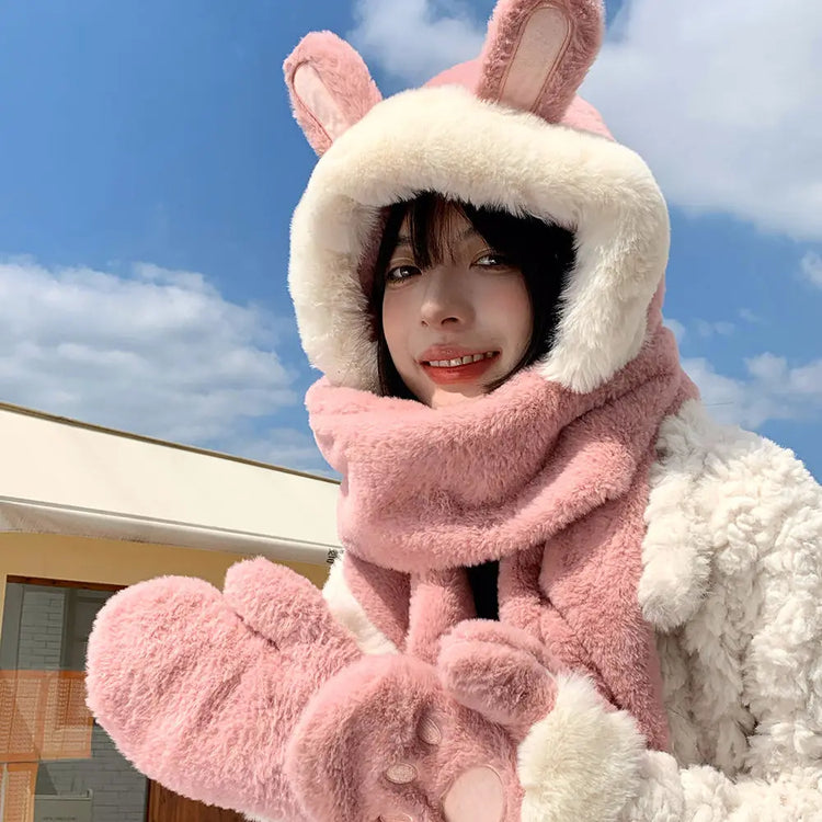 New Fashion Scarf Hat Glove Women Cute Big Ear Bunny Beanie Winter Warm Soft Thickening Pocket Warm Ear Hats Hooded Skullie Caps