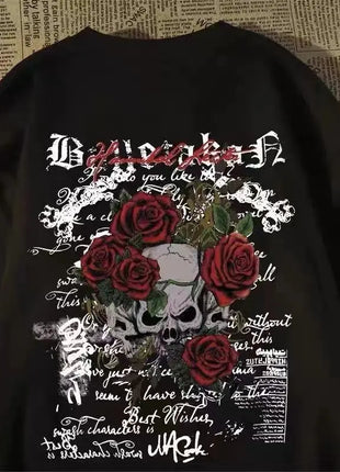 2025 Nuova T-shirt con stampa teschio retrò americano in puro cotone con girocollo e top estivi euro