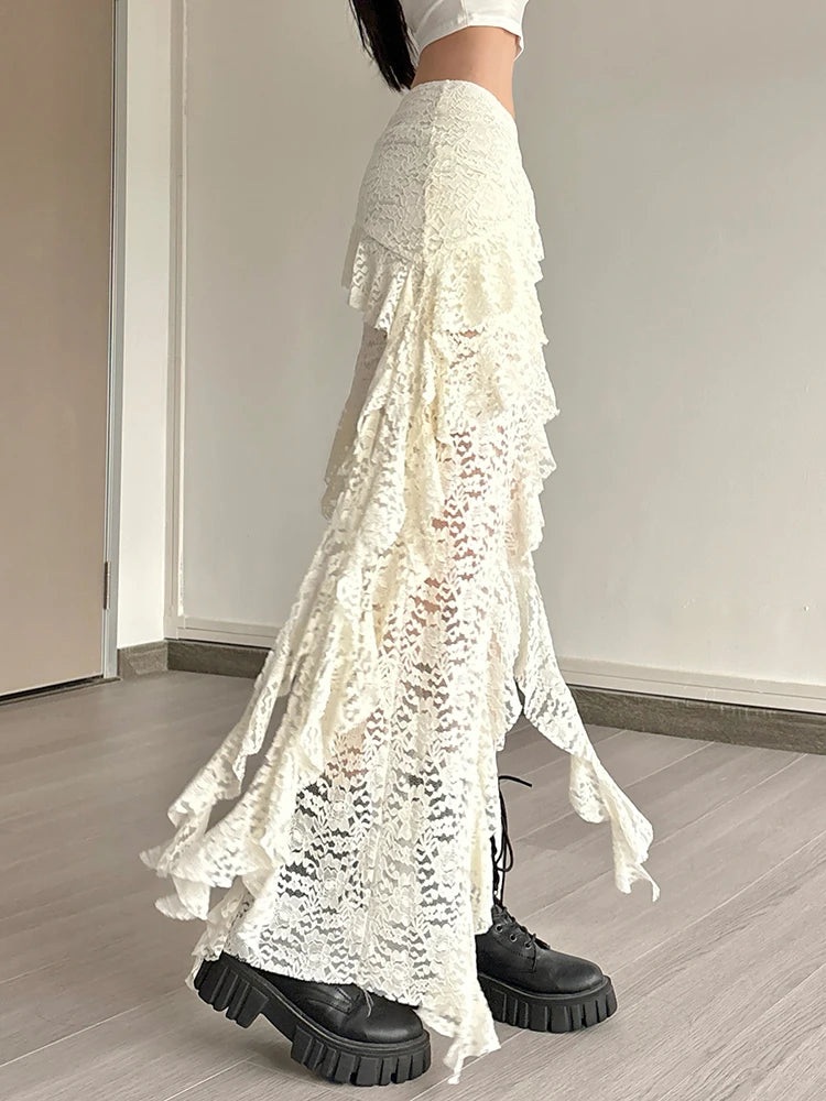 Nibber Nappe Gonne da donna Orlo irregolare Increspature multistrato Patchwork di pizzo Dolce tendenza estiva Pantaloni skinny versatili quotidiani
