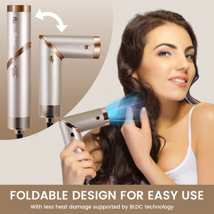 Hatteker 4-in-1 EU Hair Styling Tool Foldable Hair Dryer Curling Wand Brush with Negative Ion Care
