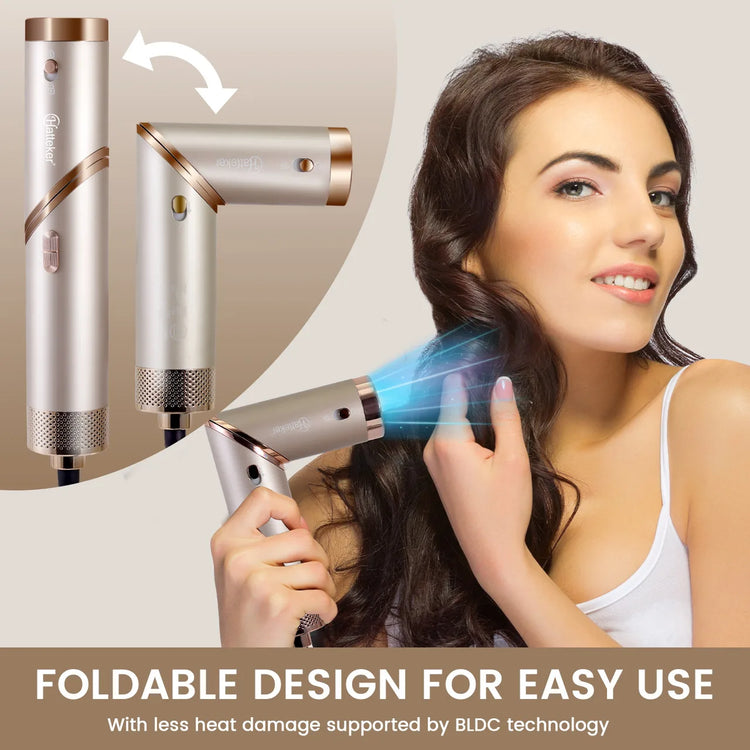 Hatteker 4-in-1 EU Hair Styling Tool Foldable Hair Dryer Curling Wand Brush with Negative Ion Care