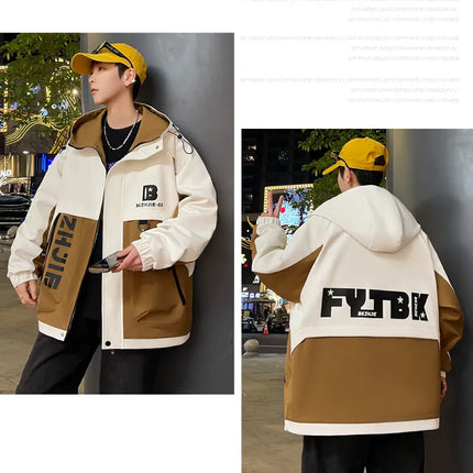 Fashion 2026 Spring Autumn Men's Hooded Casual Jacket Outdoor Windproof Loose Technical Coat Youth Streetwear Top Parka Clothing