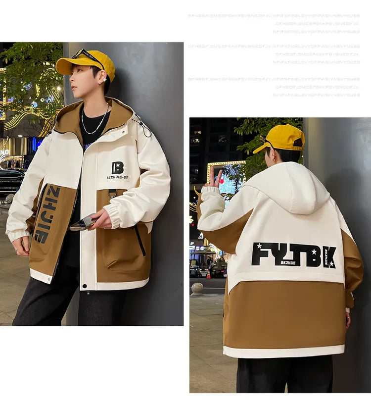 Fashion 2026 Spring Autumn Men's Hooded Casual Jacket Outdoor Windproof Loose Technical Coat Youth Streetwear Top Parka Clothing
