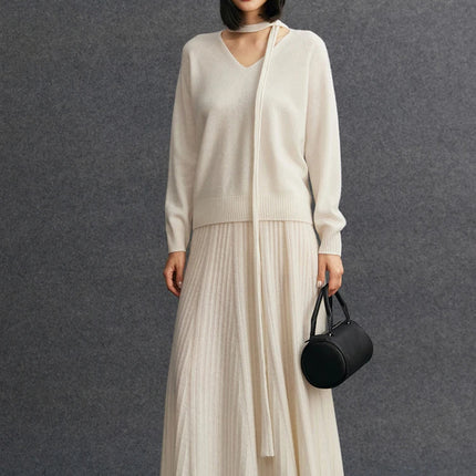 TLOML Luxury Women's 100% Cashmere Skirt Pleated Mid-Calf Skirt Autumn Winter Office Lady Grace Style Skirt Cashmere Knitwear PlatiNum
