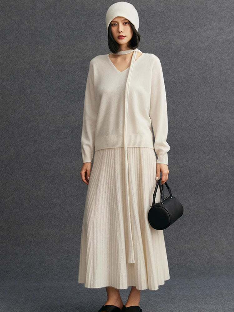 TLOML Luxury Women's 100% Cashmere Skirt Pleated Mid-Calf Skirt Autumn Winter Office Lady Grace Style Skirt Cashmere Knitwear PlatiNum