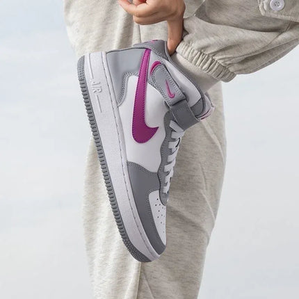 Nike Air Force 1 Mid EasyOn Comfort Versatile GS Strap High Top Casual Shoe Cement Grey Hot Pink Unisex FN1193-003