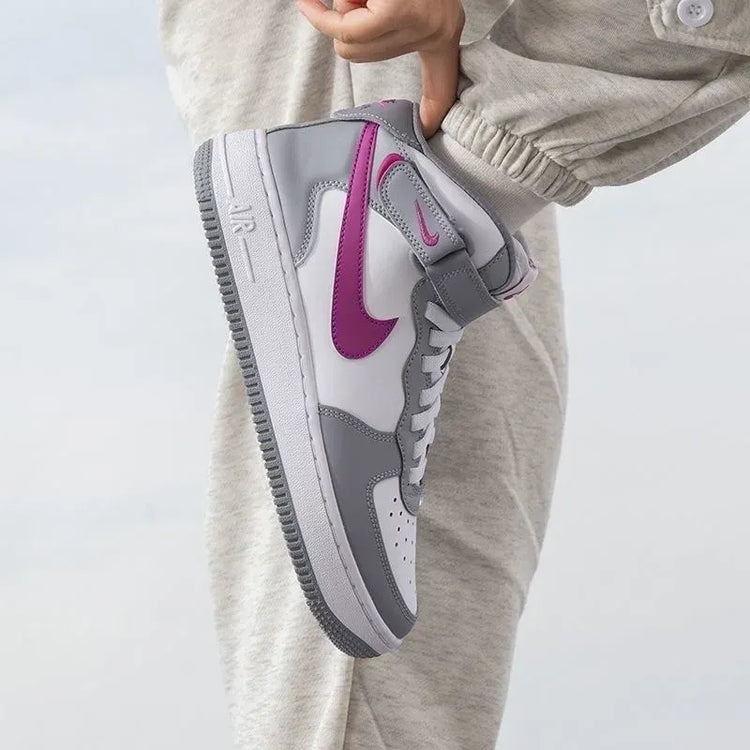 Nike Air Force 1 Mid EasyOn Comfort Versatile GS Strap High Top Casual Shoe Cement Grey Hot Pink Unisex FN1193-003