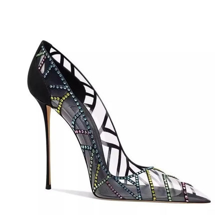 Scarpe da Donna Nere con Tacco a Spillo a Punta, Nuove 2026, con Strass Multicolore Trasparenti, Design di Nicchia platinumshop