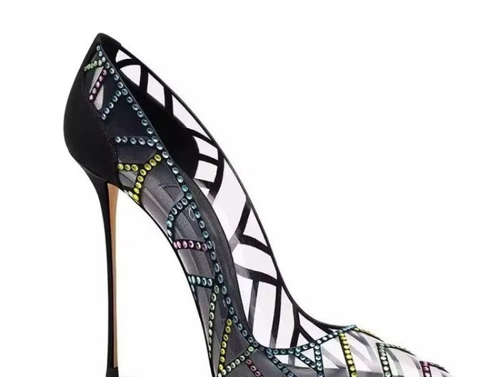 Scarpe da Donna Nere con Tacco a Spillo a Punta, Nuove 2026, con Strass Multicolore Trasparenti, Design di Nicchia platinumshop