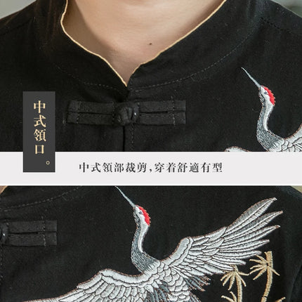 Camicie da uomo con gru ricamate Kungfu Tai Chi Casual manica corta nuovo stile cinese colletto alla coreana Cardigan in lino Tang Suit uomo Top