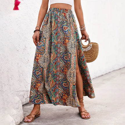 Gonna Lunga Vintage Bohemien con Stampa Etnica da Donna, Gonna Estiva Casual a Vita Alta 2026, Elegante Gonna Boho a Trapezio con Spacco e Pieghe