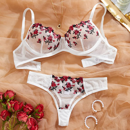 Embroidery Women's Transparent Mesh Underwear Two-piece Bra And Panties Sets